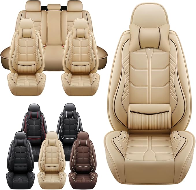 Leather Car Seat Covers Fit for Toyota Mirai 2016-2024, 5 Seater Car Seat Cover, Premium Waterproof, Scratch Resistant Car Interior Accessories (Full Set with Pillow Beige)