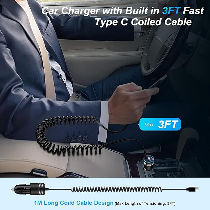 for iPhone 17e/17/16/15 Car Charger,48W PD+QC USB C Fast Car Charger Cigarette Lighter Adapter with 30W Built-in Coiled Type C Fast Charging Cable for iPhone 17e 17 Pro Max Air 16e 16 Pro Max 16 Plus