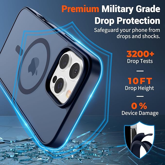 SUPFINE Magnetic for iPhone 16 Pro Max Case with Screen Protector (Compatible with MagSafe) (Military Grade Drop Protection) Translucent Matte Shockproof Phone Cover,Dark Blue