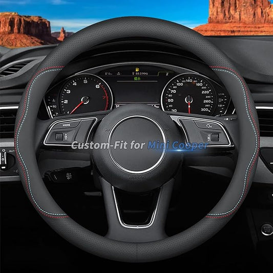 Custom-Fit for Mini Steering Wheel Cover, Premium Leather Car Steering Wheel Cover with Logo, Non-Slip, Breathable, for Mini Accessories (A-Style,for Mini Cooper)
