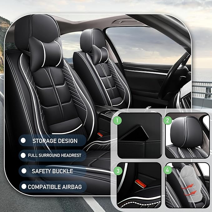 Leather Car Seat Covers Fit for Toyota Prius c 2012-2019, 5 Seater Car Seat Cover, Premium Waterproof, Scratch Resistant Car Interior Accessories (Full Set with Pillow Black White)
