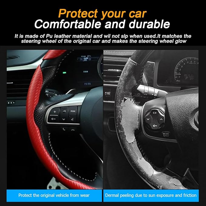 Mandark 3PCS Carbon Fiber Car Steering Wheel Cover, Anti-Skid Leather Vehicle Segmented Steer Wheel Protector, Auto Interior Protection Guard Accessories, Universal for Most Cars (Red)