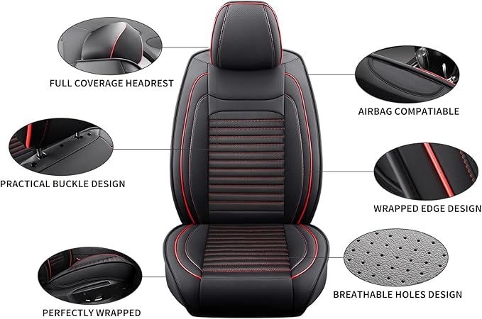 Truck Seat Covers Full Set Fit for Toyota Tacoma 2001-2026, Premium Faux Leather Car Seat Protector,Breathable Anti-Slip Full Wrapping Edge Seat Covers(Black&Red,Full Set)