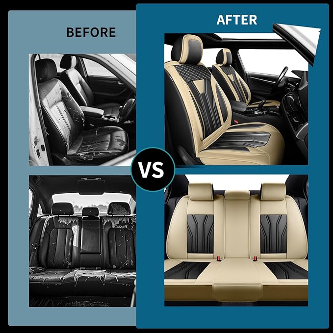 Fit Leaf Car Seat Covers Compatible with Nissan Leaf 2012-2025 2026 - Full Set Premium Leather， Waterproof Breathable， All-Weather Seat Cushion Protecto&Airbag Compatible （Beige & Black