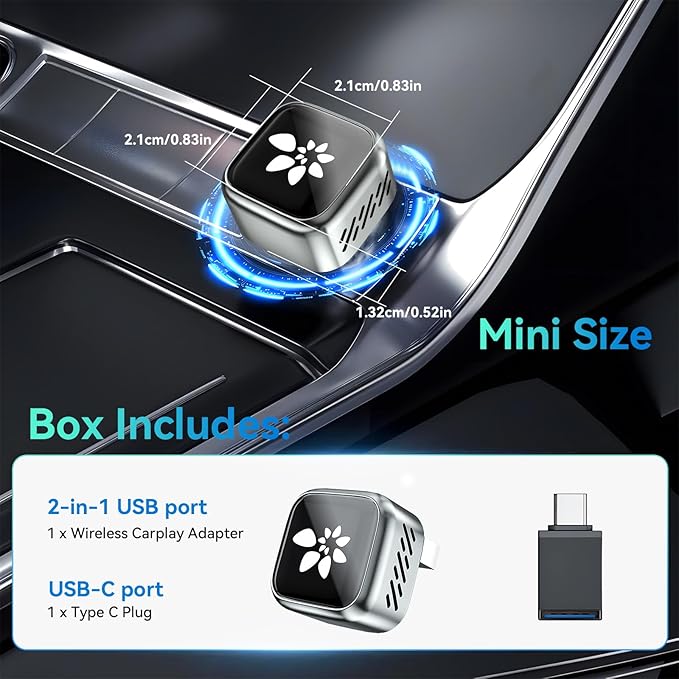 2026 Upgraded Wireless CarPlay Adapter, 2-in-1 Mini CarPlay Adapter for iPhone & Android, 3 Second Auto Stable Connection with Zero Latency, Plug & Play for 2016+ Cars with USB-A/USB-C Ports
