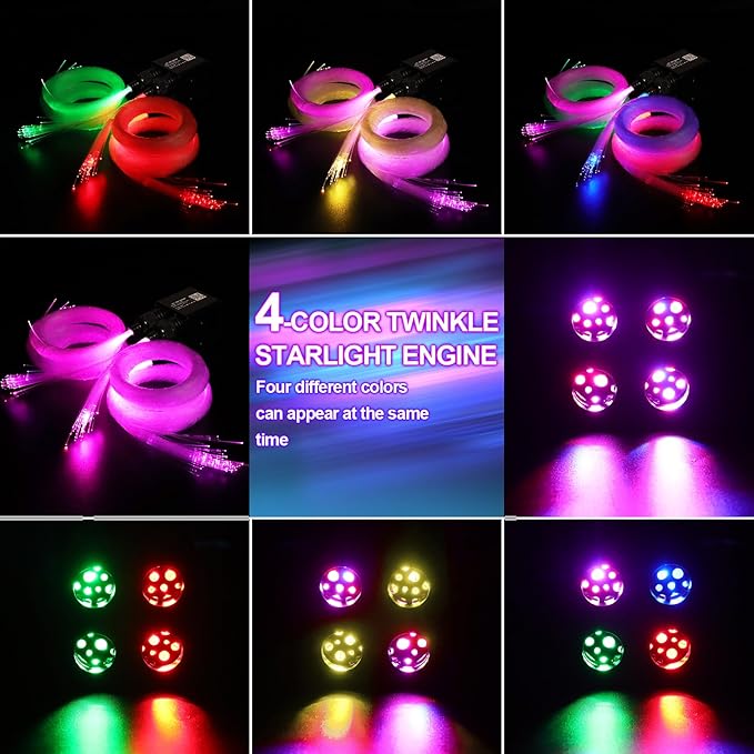 36W 4-Color RGBW Car Starlight Headliner Kit, 1800pcs0.03in13.1ft, Twinkle & Sound Activate 4-Port Fiber Optic Light Engine with Bluetooth APP&Remote Control, Star Lights for Car and Home