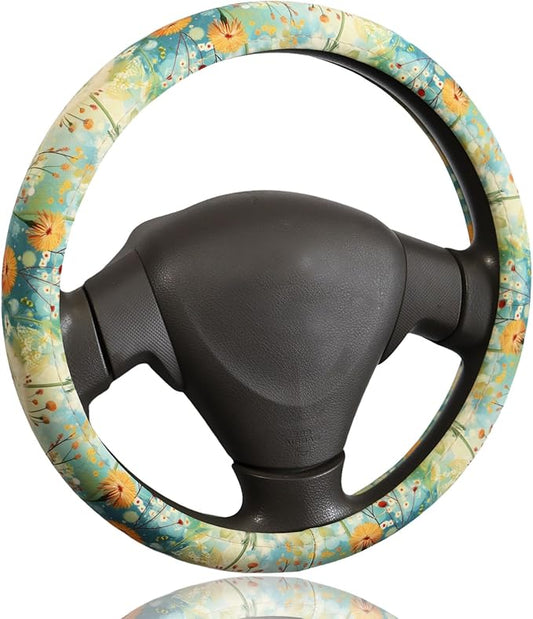 Dandelion & Wildflower Steering Wheel Cover for 14.5-15 Inch (37-38 cm) Wheels, Premium Fabric with Non-Slip Rubber Inner Ring (Dandelion & Wildflower)