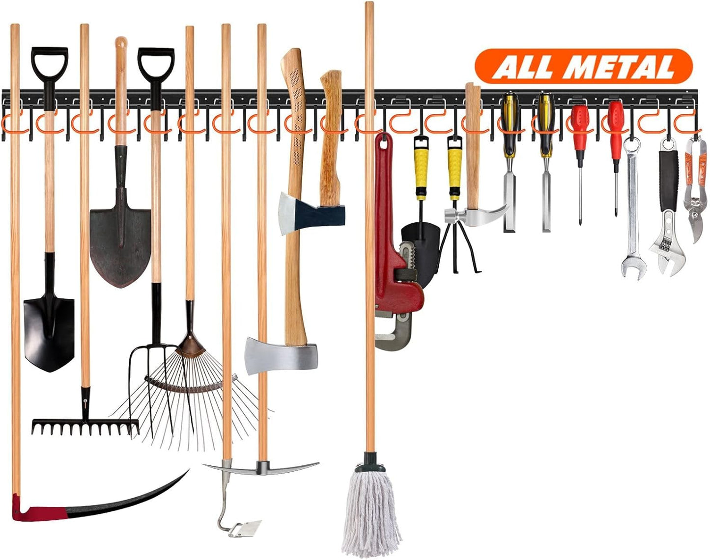 68'' All Metal Garden Tool Organizer Wall Mount Garage Organizers and Storage with Hooks Tool Hangers for Shed