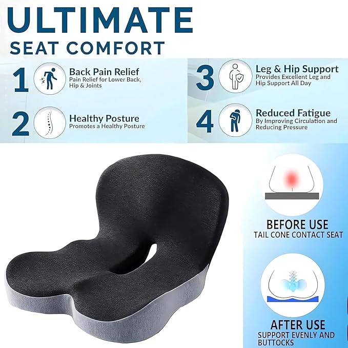 L-Shaped Memory Foam Seat Cushion with Lumbar Support-Ergonomic Car & Office Chair Cushion for Sciatica, Coccyx & Back Pain Relief Supports Hips & Back for Drivers & Long Sitting (Light Grey)