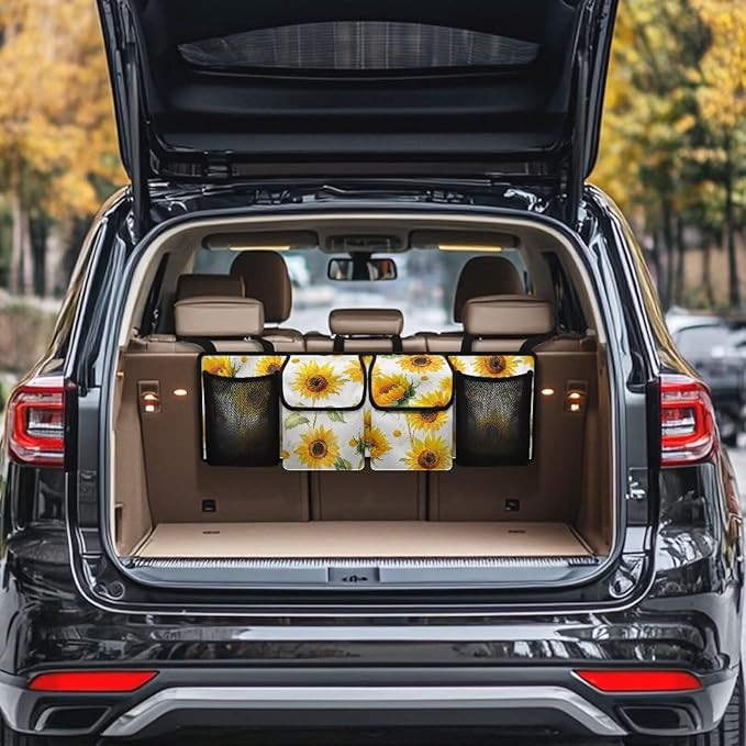 Sunflower Hanging Trunk Organizer for SUV Back Seat Organizer with Elastic Net Collapsible Cargo Storage Bag Car Interior Accessories