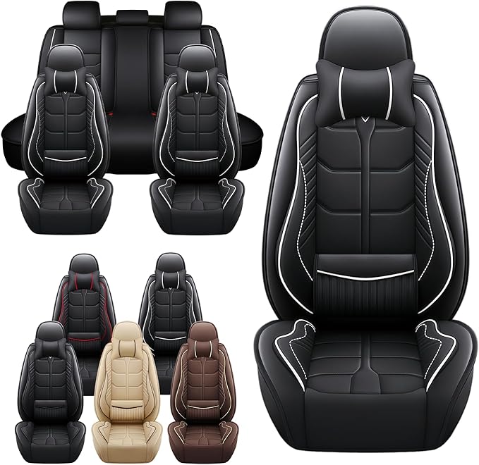 Leather Car Seat Covers Fit for Toyota Camry Solara 2004-2008, 5 Seater Car Seat Cover, Premium Waterproof, Scratch Resistant Car Interior Accessories (Full Set with Pillow Black White)