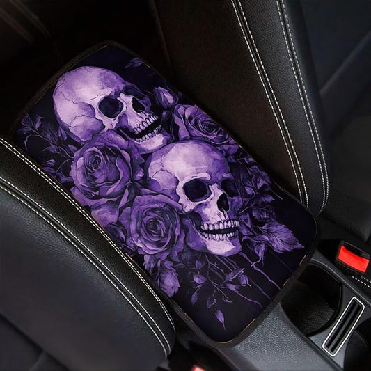 Dreaweet Purple Rose and Skull Print Center Console Cover Goth Car Accessories Middle Console Covers for SUV Sedan Non Slip Anti Scratch Arm Rest for Car Armrest Storage Box Mat