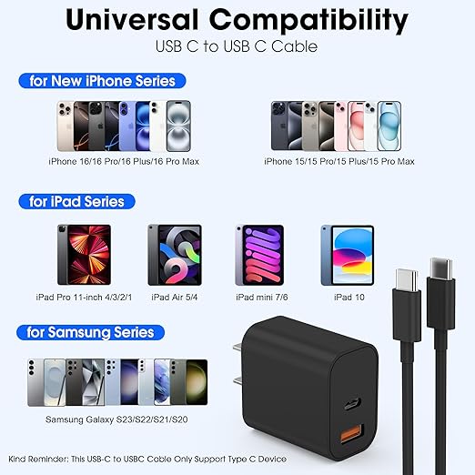 iPhone 17 16 15 Charger Fast Charging,20W USB C Wall Charger Block with 6ft Type C to C Cable Cord for Apple iPhone 17/17 Pro/17 Pro Max/17 Air/16/16 Plus/16 Pro/16 Pro Max/15 Pro Max/iPad Pro Black