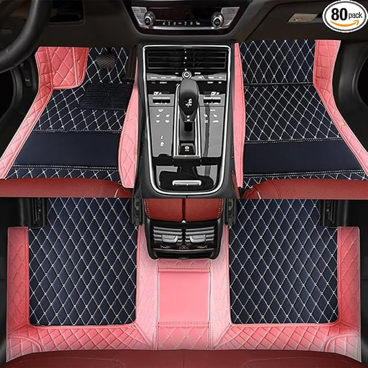 TREGOO All Weather Car Mats Custom Fit Non Slip Floor Mats for 1998-2025 Cars Personalized Leather Protection Pads Suitable for Men Women (Edge Pink, Black Beige)