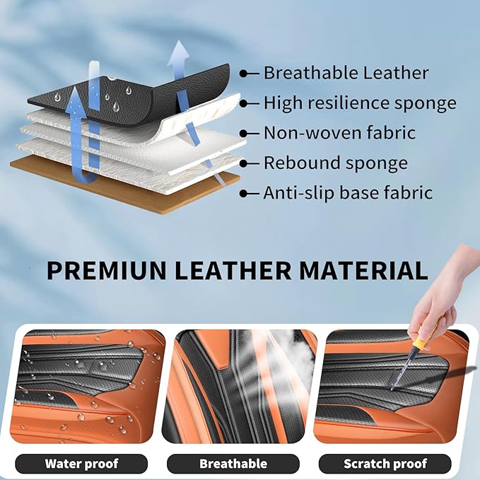 Fit Kona Car Seat Covers for Select Hyundai Kona 2018-2025 2026. Premium Leather, Waterproof， Breathable, Scratch-Resistant & All-Weather Seat Cushion Protector (Full Set, Orange&Black)