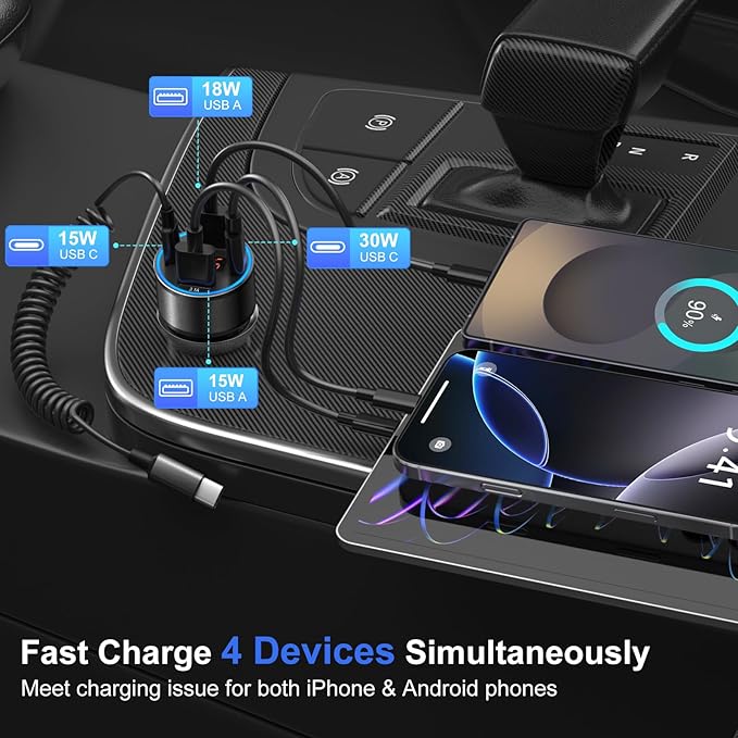 65W 4-Port Super Fast Type C Car Charger USB C for Samsung S26/S25/S24/S23/S22 Ultra/A17/A16/Z Fold/Flip Android Car Phone Adapter 12v Cigarette Lighter Plug with Voltage Display+6FT USB C Cable