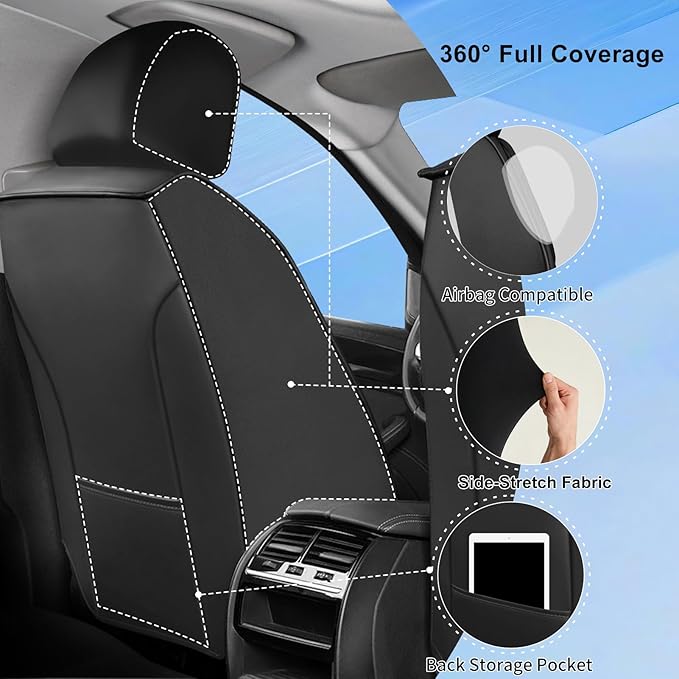 Fit Mazda 3 Car Seat Covers for Select Mazda 3 2010-2019 - Full Coverage Leather, Airbag Compatible, Waterproof & All Weather Seat Cushion Protector, Front Pair Black+Gray