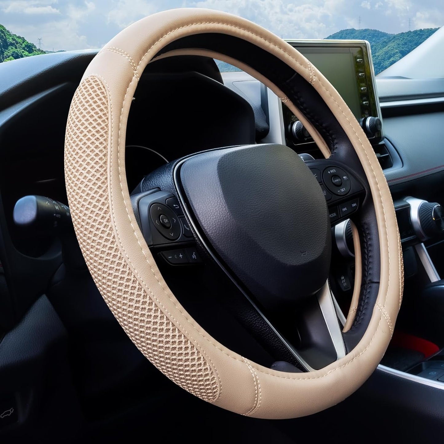 Cool Mesh Grip Car Steering Wheel Cover with Breathable Grip, Premium Faux Leather, Universal fit for All Cars, SUV, Mini-Van and Mid-Size Trucks with Steering Wheel Size 14.5" to 15"
