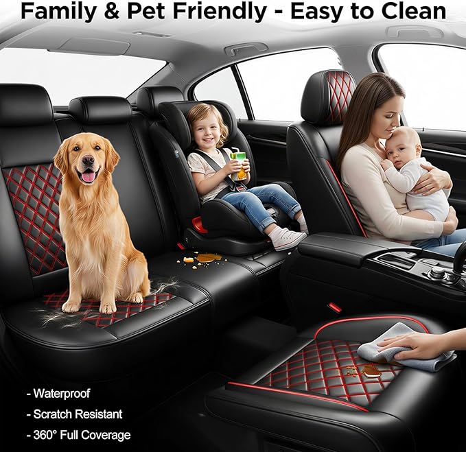 Santa Fe Seat Covers Custom Fit for Hyundai Santa Fe 2010-2026 (Only 5-Seat Version) - Full Set Premium Leather, Waterproof, All-Weather, Airbag Compatible, Only 2 Front seat Covers (Redline)