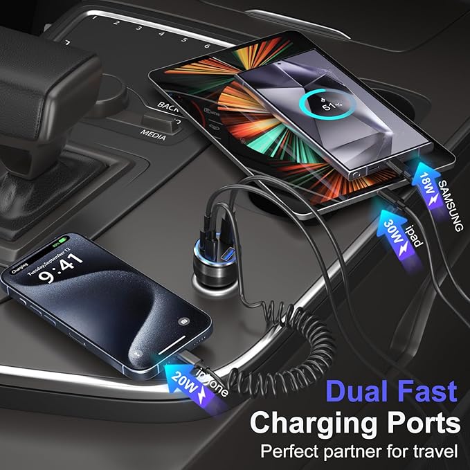 65W Super Fast Type C Car Charger for Samsung Galaxy S26 S25 S24 S23 S22 Ultra, 2Pack 4-Port USB C Car Charger for Samsung A13 A14 A16 A17 A03S A10E S20FE Android Car Adapter+5FT Type C Coiled Cable