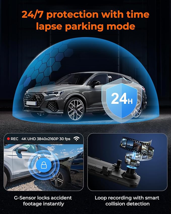 ACUMEN 4K Rear View Mirror Camera,Smart 12" Touch Screen Mirror Dash Cam Front and Rear,Backup Camera for Cars & Trucks with Blind Spot Detection (M4 3CH)