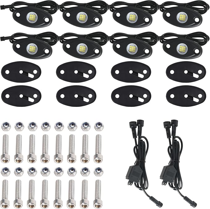 24pods White Rock Lights Dc 12v-80v 6000k Aluminum Alloy Pure White Led Rock Lights with Switch Wiring Harness Kit Ip68 Waterproof for Trucks Pickup Offroad Car SUV Utv ATV Rv Fends Underglow Lights