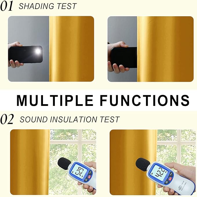 XWZO 100% Blackout Curtains 45 Inches Long with Tiebacks- Soundproof & Energy Efficiency Window Draperies Grommet Top with Black Liner for Bedroom/Living Room, Yellow, W42 x L45, Set of 2