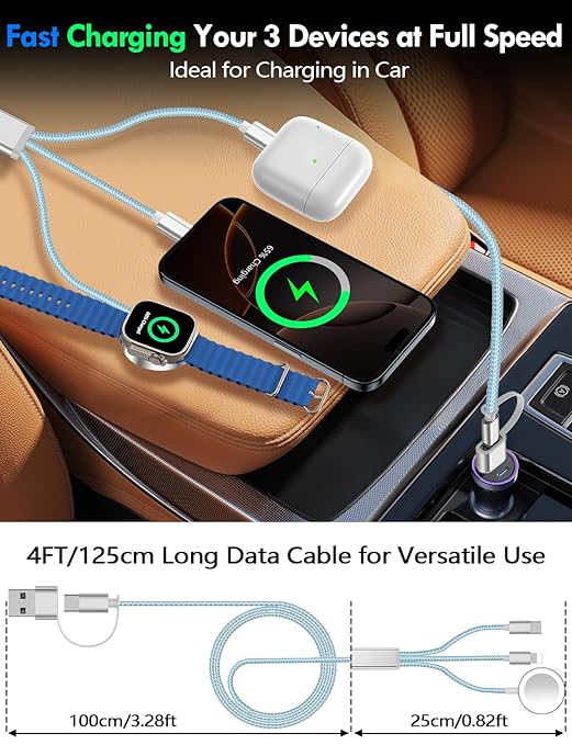2 Pack Multi Charging Cable Cord for Travel Essentials,Apple Watch Charger,iPhone Charger,[3-in-2] Type C/L Cable Portable Designed for iWatch,iPhone 17-8,Galaxy S25-21,AirPods,iPad-4FT Blue