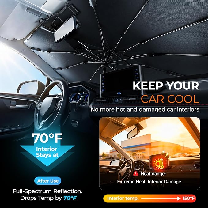 Windshield Sun Shade Umbrella for Tesla Model 3 & Model Y Accessories 2017-2026, UV Block Model Y Sunshade for Car Windshield, Heat Shield Model 3 Sunshade for Front Windshield Car Shade.