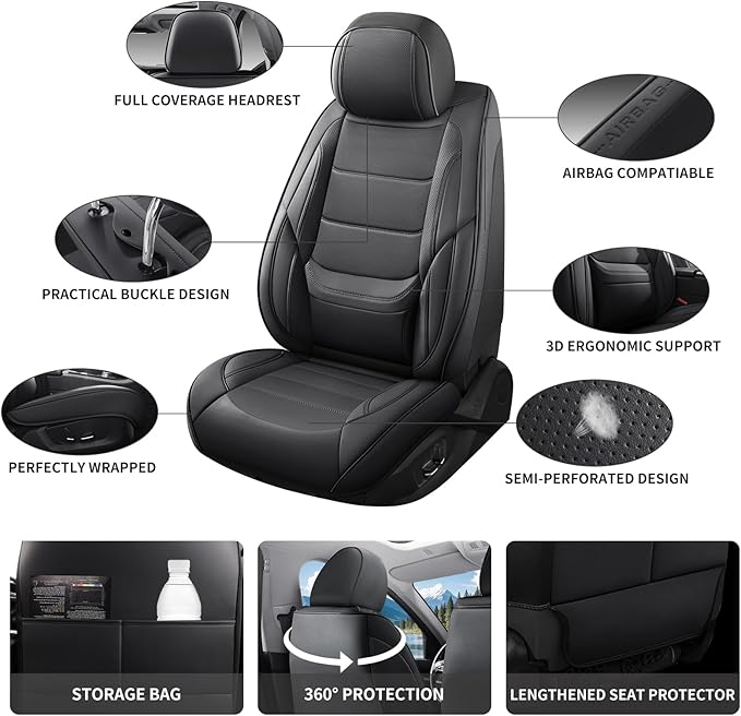 Car Seat Covers Full set custom fit for Chevrolet/Chevy Cruze 2011-2019 - Premium Faux Leather with Lumbar Support, Breathable, Waterproof, Anti-Slip, Durable, Easy to Install (Black,full Set)