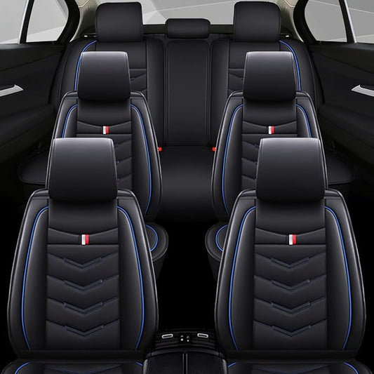 Car Seat Cover 6 Seats for Ford Explorer 2000-2026, Waterproof Durable Compatible Airbag, Premium Leather Seat Protector(6 Seats Standard,Black Blue)
