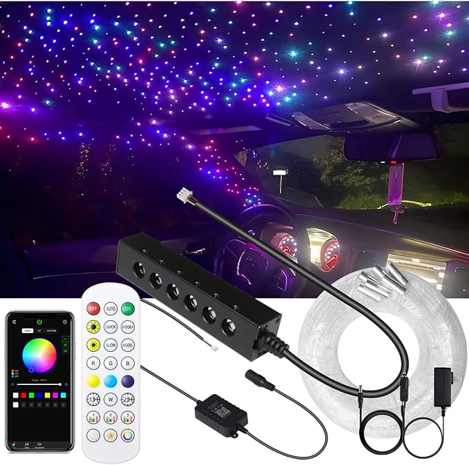 AZIMOM 6LED Colorful Fiber Optic Starlight Headliner Kits 180pcs*0.03in*6.5ft Fiber Strands APP& Remote Control Mix Color Chase Timing Fiber Optic Star Light for Car Home Sky Star Decoration