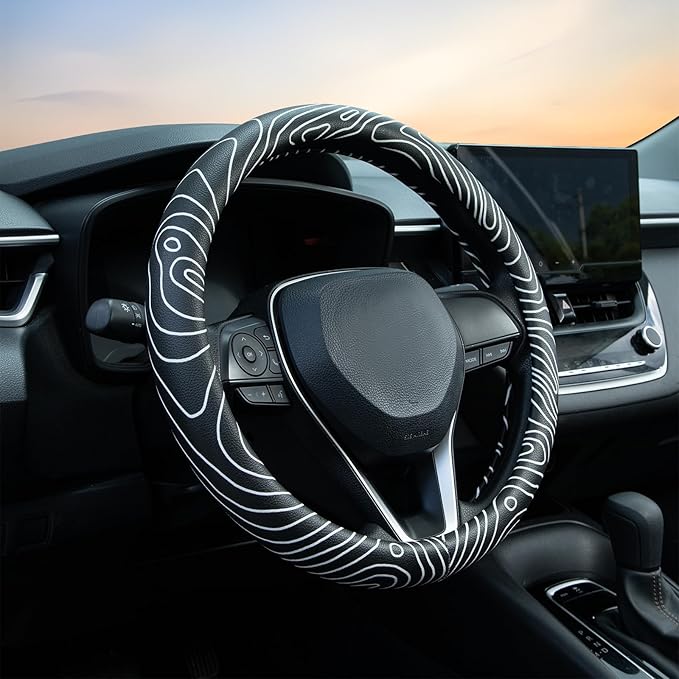 Topography Steering Wheel Cover Auto Leather Steering Wheel Protector, Anti-Slip, Breathable, Absorbing Sweat, Universal Topography Car Accessories 14.5–15 inch,Fit for Most Car, Trucks, SUV