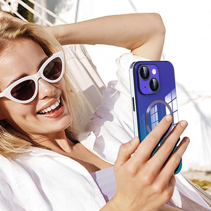Guppy Compatible with iPhone 15 Plus Case Magnetic, with Full Camera Lens Protector [Compatible with MagSafe] Scratch Resistant Gradient Glass Back Cover Phone Case-Purple