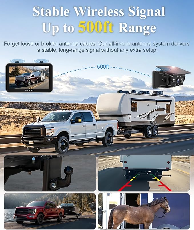 VEKOOTO VK7Pro Magnetic Solar Wireless Backup Camera, 7'' IPS Touchscreen Monitor HD1080P No Wiring 15,800mAh Rechargeable Camera System for Hitching Gooseneck Horse Trailer RV Camper Car Truck