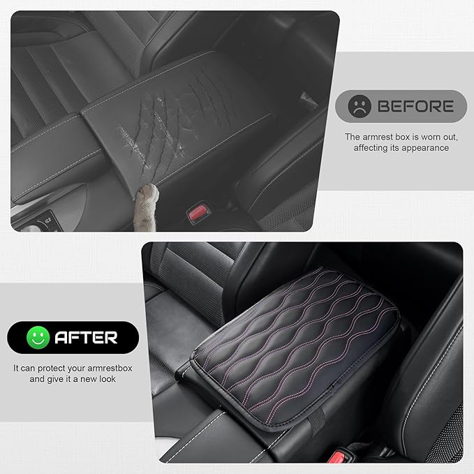 Amiss Auto Center Console Pad, Universal Waterproof Armrest Seat Box Cover, Car Interior Accessories, Leather Auto Armrest Cover Protector for Most Vehicle, SUV, Truck (Pink-Line)
