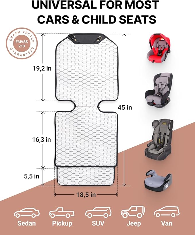 Owleys Set Seat Back Organizer & Car Seat Protector Hexy Waterproof & Non-Slip Protector for Child Car Cushion for Leather and Fabric Seats (White)