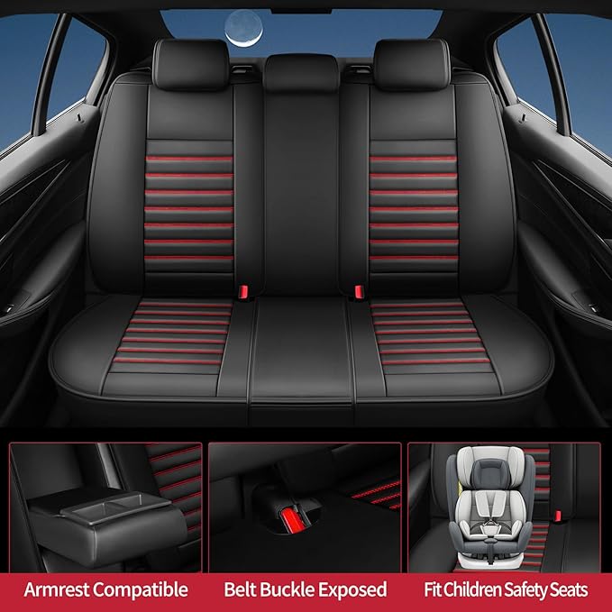 Fit Camry Car Seat Covers for Toyota Camry 2012-2024 2025 2026 - Upgraded Premium Waterproof & Breathable Leather, Airbag Compatible, All-Weather Seat Cushion Protector (Full Set, Black+Red)
