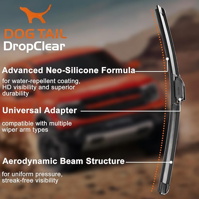 DOG TAIL Water Repellent Silicone Wiper Blades 24" 19" Set with Multiple Adapters and 2 Refills, Automotive Replacement Front Windshield Wiper Blades for My Car with Water Repellency Formula DropClear