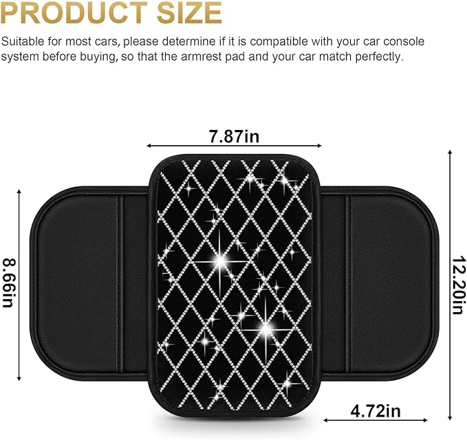 Bling Center Console Cover with 2 Side Pockets Fit for Corolla Cross Multi-Functional Car Armrest Cushion Diamond-Studded Rhombus Pattern Style(Black&Silver Diamond)