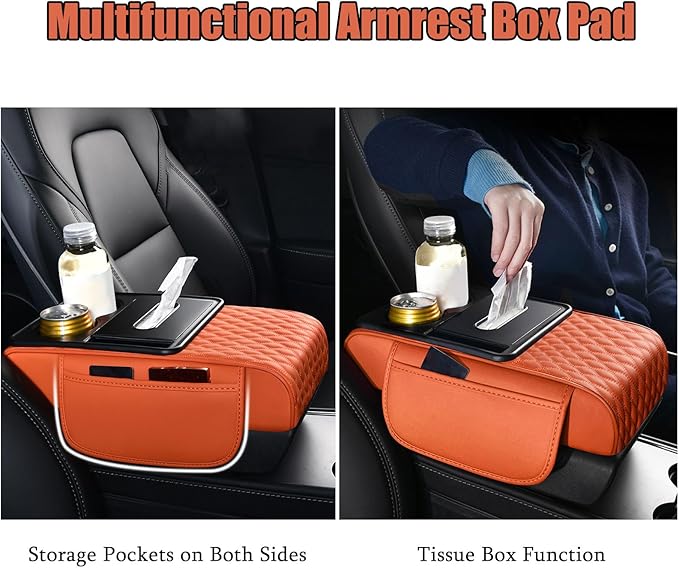 Car Armrest Center Console Cover for Genesis GV70 2021–2025, Center Console Pad with Cup Holder, Multifunctional Armrest Cushion,A Black+Red