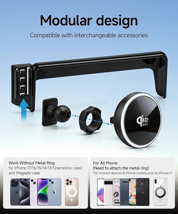 Qi2.2 Max 25W Fast Wireless Car Charger Phone Holder for 2023 2024 2025 2026 Kia NIRO/EV/Hybrid 8/10.25-Inch Screen, Magnetic Phone Mount Compatible with MagSafe