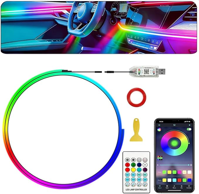 Interior Car LED Strip Lights,Acrylic LED Lights for Car with Dynamic Dreamcolor Chasing,43.3in USB RGB Neon Strip Fiber Optic LED Ambient Lighting Kits with Remote APP,for Inside car Decorations