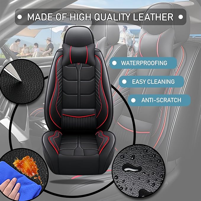Leather Car Seat Covers Fit for Toyota Highlander Hybrid 2006-2024, 5 Seater Car Seat Cover, Premium Waterproof, Scratch Resistant Car Interior Accessories (Full Set with Pillow Black Red)