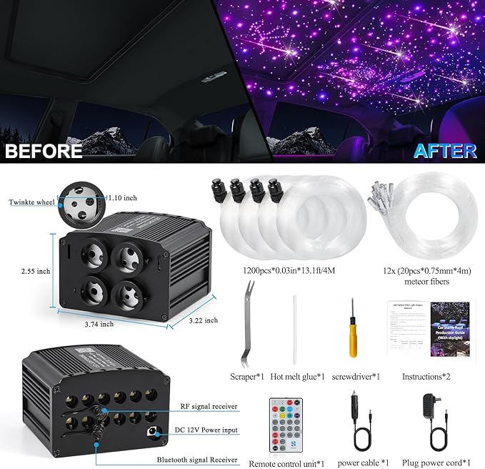 Car Starlight Headliner Kit, 4 Colors 32W Twinkle & Meteor Fiber Optic Ceiling Lights, 2 in 1 Light Engine 1200pcs*0.03in*13.1ft+240 RGBW Shooting Stars Lights for Car Roof Décor