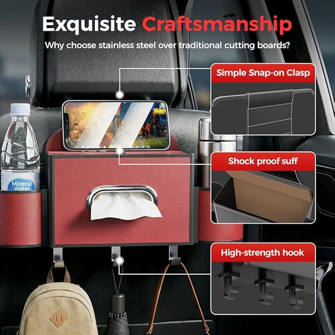 3-in-1 Car Backseat Organizer with Cup Holder, Tissue Box, Trash Bin & Hooks,Multifunctional Back Seat Car Organizer for Hold Phones,Snacks,Drinks,and Handbags (A-Beige)