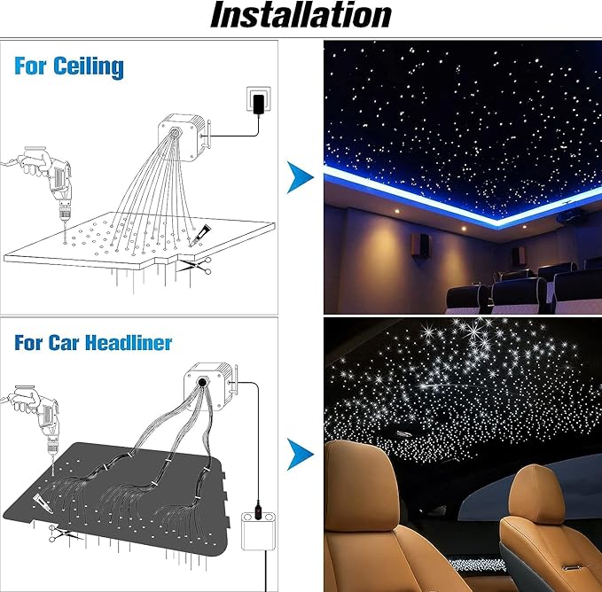 CHINLY Starlight Headliner kit 550pcs 9.8ft 0.03in starlights RGBW Fiber Optic Lights,APP+Remote Control Star Headliner kit, car Star Lights for car Ceiling Theater