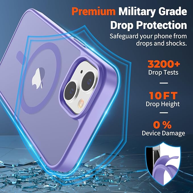 SUPFINE Magnetic for iPhone 14 Case & iPhone 13 Case (Compatible with MagSafe)(Military Grade Drop Protection) Translucent Matte Shockproof Phone Cover,Purple