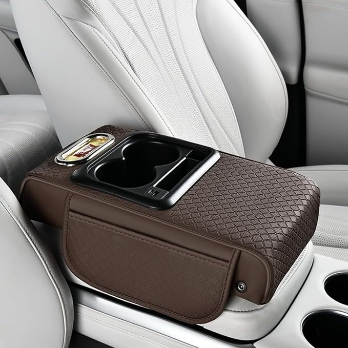 2026 Upgraded Car Center Console Cushion with 30w USB& Type-C Charging Ports, Leather Car Armrest Pad Cover, Interior Accessories for Most Vehicles (Classic Flat Version, Coffee)