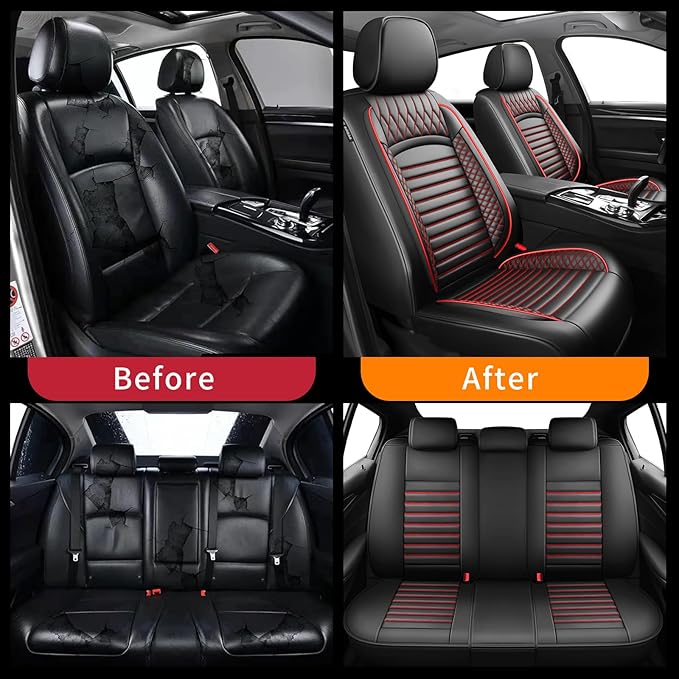 Fit Camry Car Seat Covers for Toyota Camry 2012-2024 2025 2026 - Upgraded Premium Waterproof & Breathable Leather, Airbag Compatible, All-Weather Seat Cushion Protector (Full Set, Black+Red)